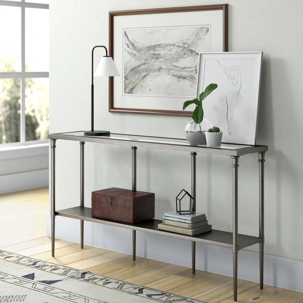 Wholesale ๐ Nellie 55 in. Aged Steel Rectangle Glass Console Table with Solid Metal Shelf by Meyer&Cross ๐ 7 Wholesale ๐ Nellie 55 in. Aged Steel Rectangle Glass Console Table with Solid Metal Shelf by Meyer&Cross ๐ - Image 5