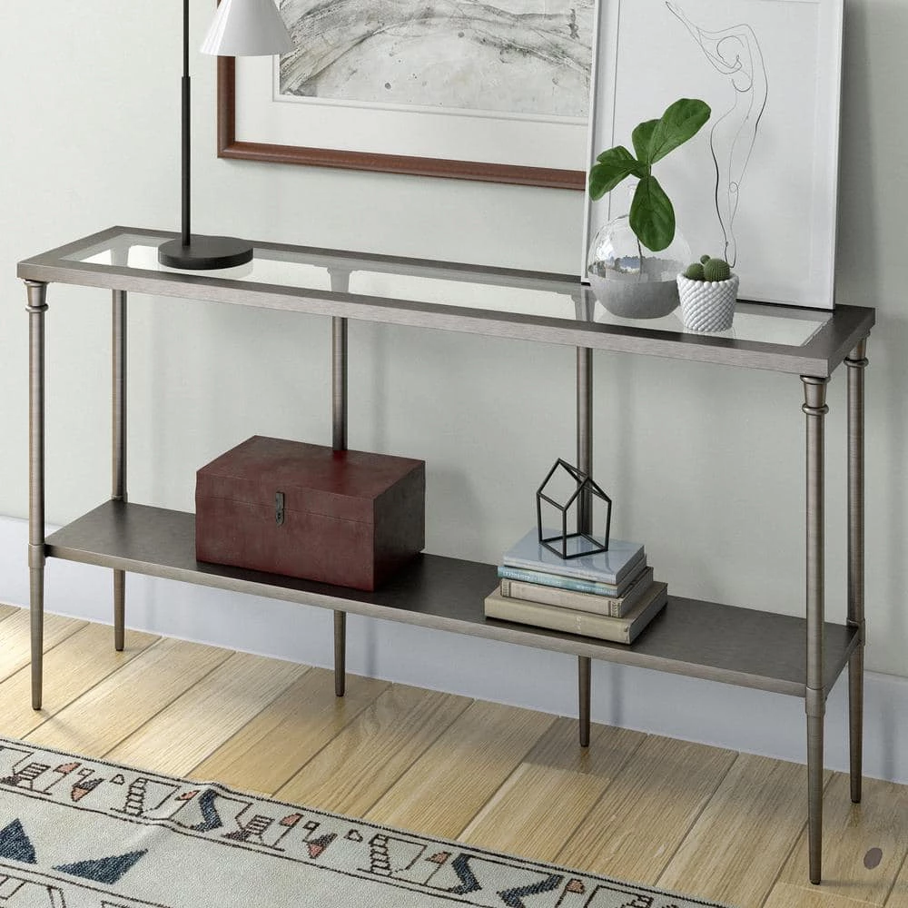 Wholesale ๐ Nellie 55 in. Aged Steel Rectangle Glass Console Table with Solid Metal Shelf by Meyer&Cross ๐ 6 Wholesale ๐ Nellie 55 in. Aged Steel Rectangle Glass Console Table with Solid Metal Shelf by Meyer&Cross ๐ - Image 4
