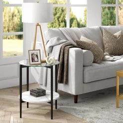 Deals 🔔 Otto 20 in. Blackened Bronze Round Glass Side Table with Faux Marble Shelf by Meyer&Cross 🔔 -Outlet Camden Isle Store blackened bronze and faux marble meyer cross end side tables st0838 1f 1000