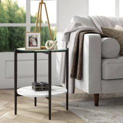 Deals 🔔 Otto 20 in. Blackened Bronze Round Glass Side Table with Faux Marble Shelf by Meyer&Cross 🔔 -Outlet Camden Isle Store blackened bronze and faux marble meyer cross end side tables st0838 4f 1000