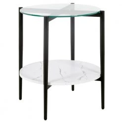 Deals 🔔 Otto 20 in. Blackened Bronze Round Glass Side Table with Faux Marble Shelf by Meyer&Cross 🔔