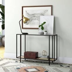 Hot Sale 🎁 Vireo 42 in. Rectangle Blackened Bronze Glass Console Table with Limed Oak Shelf by Meyer&Cross 🎁 -Outlet Camden Isle Store blackened bronze and limed oak meyer cross console tables at0938 31 1000