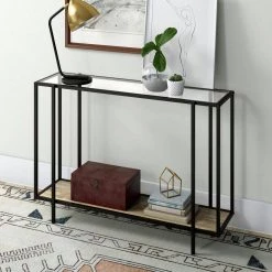 Hot Sale 🎁 Vireo 42 in. Rectangle Blackened Bronze Glass Console Table with Limed Oak Shelf by Meyer&Cross 🎁 -Outlet Camden Isle Store blackened bronze and limed oak meyer cross console tables at0938 4f 1000