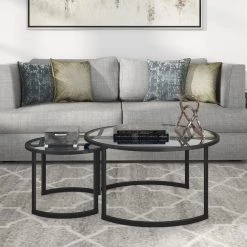Brand new 💯 Mitera 2-Piece 36 in. Black Medium Round Glass Coffee Table Set with Nesting Tables by Meyer&Cross 🤩 -Outlet Camden Isle Store blackened bronze meyer cross coffee tables ct0091 31 1000