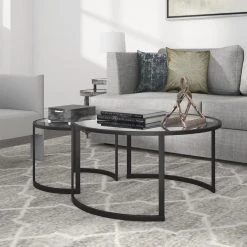 Brand new 💯 Mitera 2-Piece 36 in. Black Medium Round Glass Coffee Table Set with Nesting Tables by Meyer&Cross 🤩 -Outlet Camden Isle Store blackened bronze meyer cross coffee tables ct0091 c3 1000