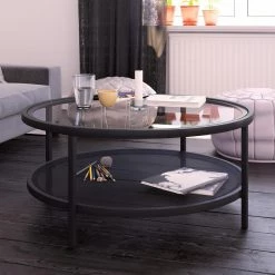 Best deal 🤩 Rigan 36 in. Blackened Bronze/Clear Medium Round Glass Coffee Table with Shelf by Meyer&Cross 😍 -Outlet Camden Isle Store blackened bronze meyer cross coffee tables ct0131 31 1000