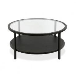 Best deal 🤩 Rigan 36 in. Blackened Bronze/Clear Medium Round Glass Coffee Table with Shelf by Meyer&Cross 😍
