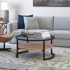 Hot Sale ❤️ Winston 35 in. Clear/Black/Bronze Medium Round Glass Coffee Table with Shelf by Meyer&Cross ⌛ -Outlet Camden Isle Store blackened bronze meyer cross coffee tables ct0224 31 1000