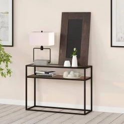 Cheapest 🥰 Addison 42 in. Bronze Standard Rectangle Glass Console Table with Storage by Meyer&Cross 🔥 -Outlet Camden Isle Store blackened bronze meyer cross console tables at0164 1f 1000