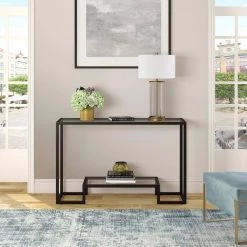 Promo ✔️ Athena 48 in. Blackened Bronze/Clear Standard Rectangle Glass Console Table with Storage by Meyer&Cross 🌟 -Outlet Camden Isle Store blackened bronze meyer cross console tables at0264 31 1000