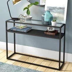 New 🥰 Nellie 42 in. Blackened Bronze Standard Rectangle Glass Console Table with Storage by Meyer&Cross 🌟 -Outlet Camden Isle Store blackened bronze meyer cross console tables at0415 1f 1000