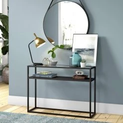 New 🥰 Nellie 42 in. Blackened Bronze Standard Rectangle Glass Console Table with Storage by Meyer&Cross 🌟 -Outlet Camden Isle Store blackened bronze meyer cross console tables at0415 44 1000
