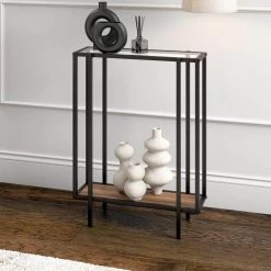 Promo 🧨 Vireo 22 in. Blackened Bronze Rectangle Glass Accent Table with Rustic Oak Shelf by Meyer&Cross 💯 15 Promo 🧨 Vireo 22 in. Blackened Bronze Rectangle Glass Accent Table with Rustic Oak Shelf by Meyer&Cross 💯 -Outlet Camden Isle Store blackened bronze meyer cross console tables at1171 44 1000