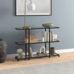 Cheap ✔️ Greenwich 42 in. Blackened Bronze Rectangle Glass Console Table with Storage by Meyer&Cross 🌟 -Outlet Camden Isle Store blackened bronze meyer cross console tables at1284 4f 1000