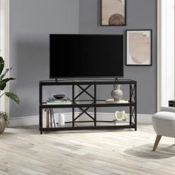 Cheapest 😉 Celine 48 in. Blackened Bronze TV Stand Fits TV's up to 55 in. with Glass Shelves by Meyer&Cross ⭐ -Outlet Camden Isle Store blackened bronze meyer cross tv stands tv1111 31 1000