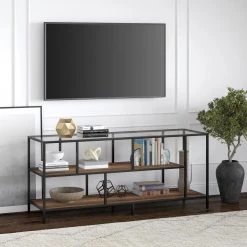 Flash Sale 💯 Winthrop 55 in. Blackened Bronze TV Stand Fits TV's up to 60 in. with Glass Top and Rustic Oak Shelves by Meyer&Cross 😉 -Outlet Camden Isle Store blackened bronze meyer cross tv stands tv1156 4f 1000