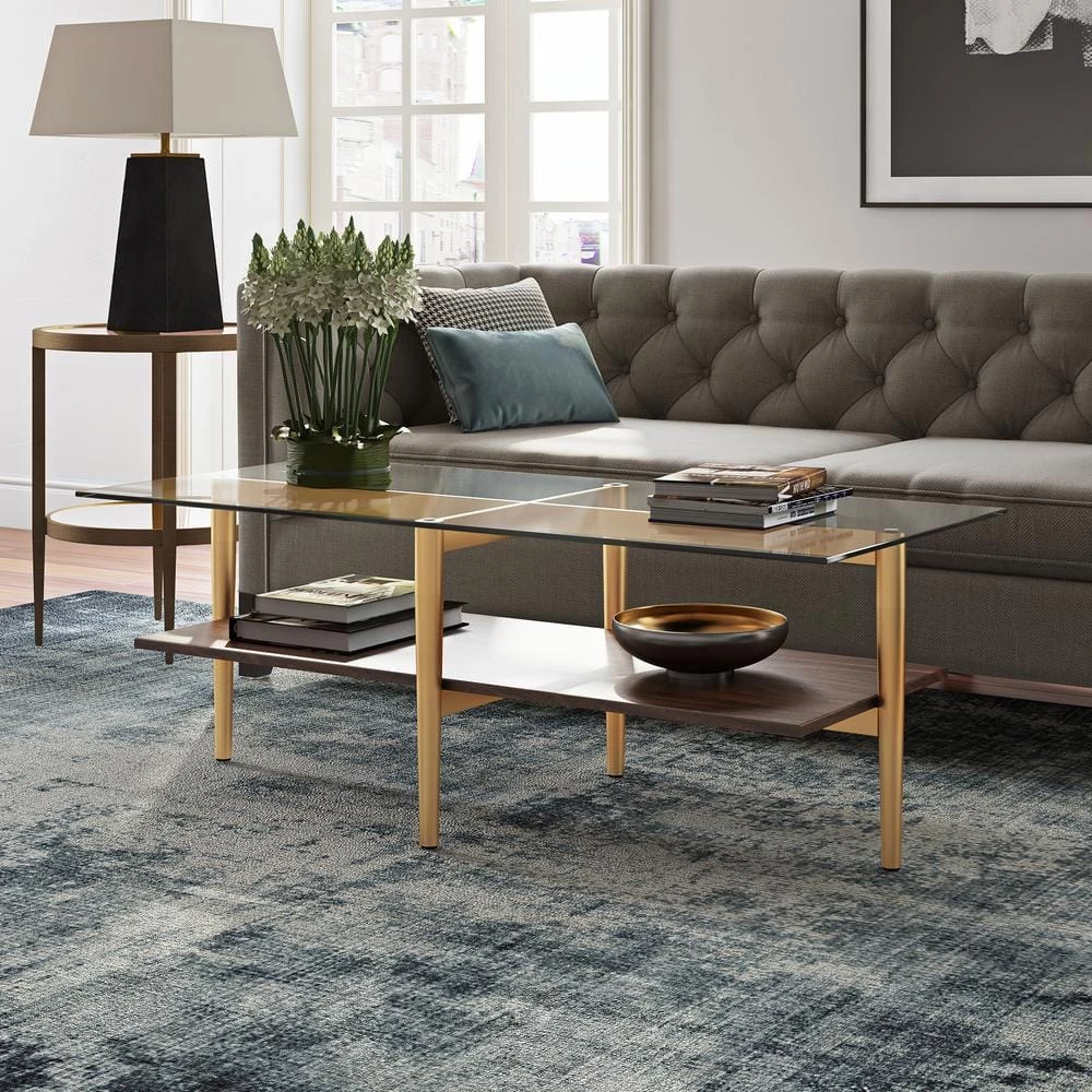 Best Pirce 😍 Otto 47 in. Brass/Walnut Large Rectangle Glass Coffee Table with Shelf by Meyer&Cross 🤩 7 Best Pirce 😍 Otto 47 in. Brass/Walnut Large Rectangle Glass Coffee Table with Shelf by Meyer&Cross 🤩 - Image 5