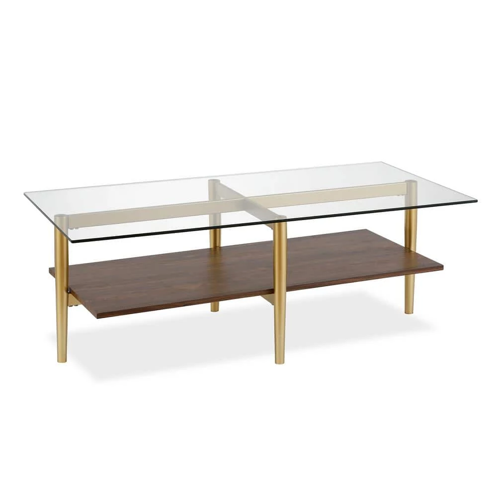 Best Pirce 😍 Otto 47 in. Brass/Walnut Large Rectangle Glass Coffee Table with Shelf by Meyer&Cross 🤩 4 Best Pirce 😍 Otto 47 in. Brass/Walnut Large Rectangle Glass Coffee Table with Shelf by Meyer&Cross 🤩 - Image 2