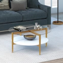 New 😍 Ludo 36 in. Brass/White Lacquer Medium Round Glass Coffee Table with Shelf by Meyer&Cross 😀 -Outlet Camden Isle Store brass and white lacquer meyer cross coffee tables ct0139 44 1000