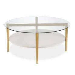 New 😍 Ludo 36 in. Brass/White Lacquer Medium Round Glass Coffee Table with Shelf by Meyer&Cross 😀 -Outlet Camden Isle Store brass and white lacquer meyer cross coffee tables ct0139 c3 1000