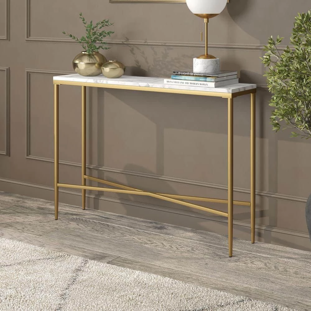 Buy ✨ Huxley 42 in. Brass Retangular Console Table with Faux Marble Top by Meyer&Cross ⭐ 5 Buy ✨ Huxley 42 in. Brass Retangular Console Table with Faux Marble Top by Meyer&Cross ⭐ - Image 3