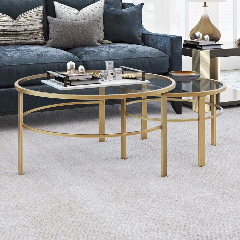 Best Pirce ❤️ Gaia 2-Piece 36 in. Brass Medium Round Glass Coffee Table Set with Nesting Tables by Meyer&Cross ⭐ 5 Best Pirce ❤️ Gaia 2-Piece 36 in. Brass Medium Round Glass Coffee Table Set with Nesting Tables by Meyer&Cross ⭐ - Image 3