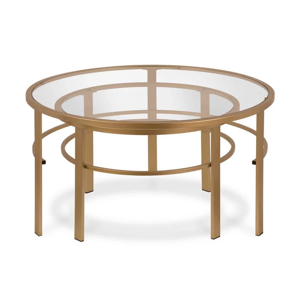 Best Pirce ❤️ Gaia 2-Piece 36 in. Brass Medium Round Glass Coffee Table Set with Nesting Tables by Meyer&Cross ⭐ 3 Best Pirce ❤️ Gaia 2-Piece 36 in. Brass Medium Round Glass Coffee Table Set with Nesting Tables by Meyer&Cross ⭐