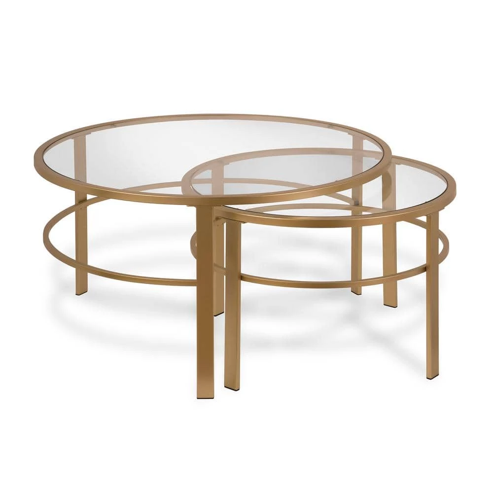 Best Pirce ❤️ Gaia 2-Piece 36 in. Brass Medium Round Glass Coffee Table Set with Nesting Tables by Meyer&Cross ⭐ 4 Best Pirce ❤️ Gaia 2-Piece 36 in. Brass Medium Round Glass Coffee Table Set with Nesting Tables by Meyer&Cross ⭐ - Image 2