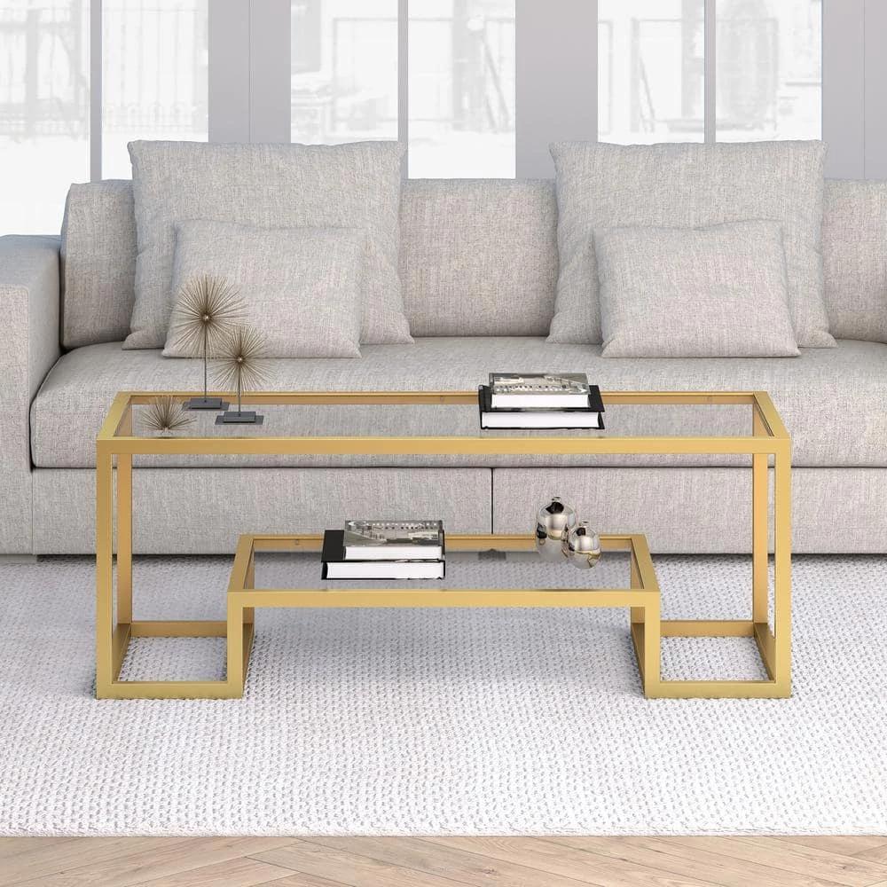 Coupon 💯 Athena 45 in. Brass/Clear Large Rectangle Glass Coffee Table with Shelf by Meyer&Cross 🥰 7 Coupon 💯 Athena 45 in. Brass/Clear Large Rectangle Glass Coffee Table with Shelf by Meyer&Cross 🥰 - Image 5