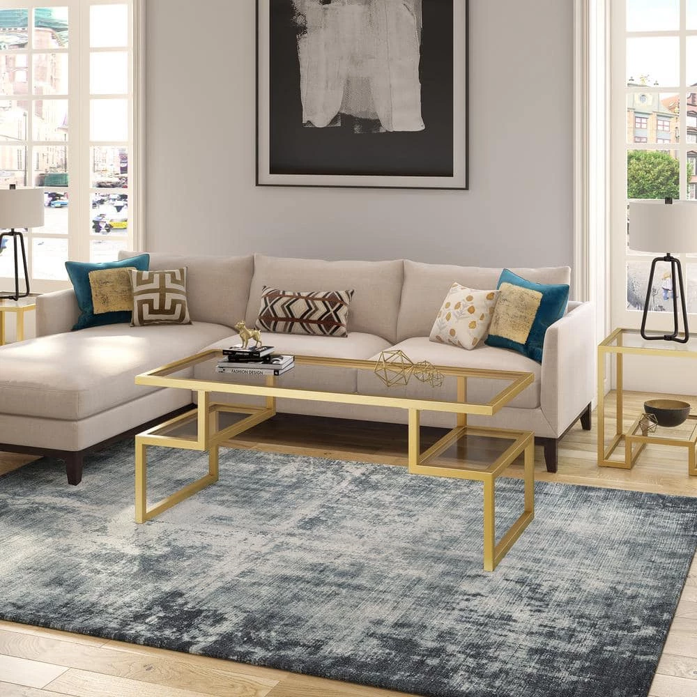 Best deal ๐งจ Zander 45 in. Brass/Clear Large Rectangle Glass Coffee Table with Shelf by Meyer&Cross ๐ 6 Best deal ๐งจ Zander 45 in. Brass/Clear Large Rectangle Glass Coffee Table with Shelf by Meyer&Cross ๐ - Image 4