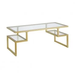 Best deal 🧨 Zander 45 in. Brass/Clear Large Rectangle Glass Coffee Table with Shelf by Meyer&Cross 🛒