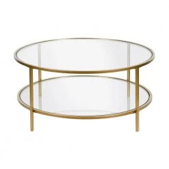 Coupon 🔥 Orwell 36 in. Brass Medium Round Glass Coffee Table with Glass Shelf by Meyer&Cross 🎁