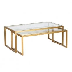 Deals ๐ฏ Rocco 46 in. Brass/Clear Large Rectangle Glass Coffee Table with Nesting Tables by Meyer&Cross ๐ฏ
