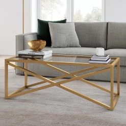 Best Pirce 🥰 Calix 46 in. Brass Large Rectangle Tempered Glass Coffee Table by Meyer&Cross 🧨 -Outlet Camden Isle Store brass meyer cross coffee tables ct0245 31 1000