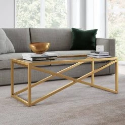 Best Pirce 🥰 Calix 46 in. Brass Large Rectangle Tempered Glass Coffee Table by Meyer&Cross 🧨 -Outlet Camden Isle Store brass meyer cross coffee tables ct0245 c3 1000