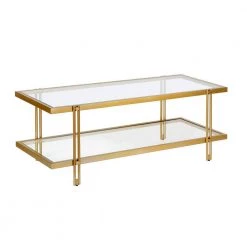 Best Pirce 🥰 Inez 45 in. Brass/Clear Large Rectangle Glass Coffee Table with Shelf by Meyer&Cross 🎁