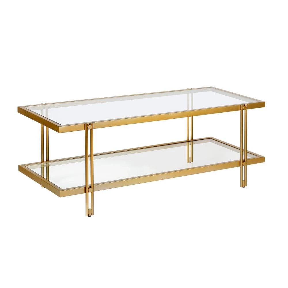 Best Pirce 🥰 Inez 45 in. Brass/Clear Large Rectangle Glass Coffee Table with Shelf by Meyer&Cross 🎁 3 Best Pirce 🥰 Inez 45 in. Brass/Clear Large Rectangle Glass Coffee Table with Shelf by Meyer&Cross 🎁