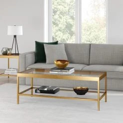Wholesale 💯 Alexis 45 in. Brass Large Rectangle Glass Coffee Table with Shelf by Meyer&Cross 😉 -Outlet Camden Isle Store brass meyer cross coffee tables ct0380 31 1000