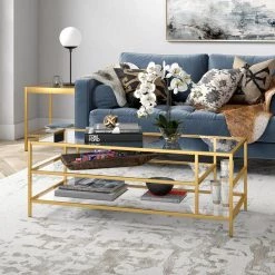 Budget 🤩 Winthrop 46 in. Brass Rectangle Glass Coffee Table with Glass Shelves by Meyer&Cross 🔥 -Outlet Camden Isle Store brass meyer cross coffee tables ct0773 1f 1000