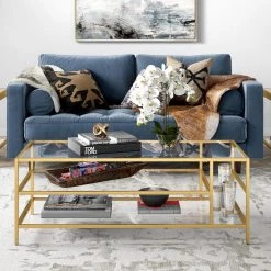 Budget 🤩 Winthrop 46 in. Brass Rectangle Glass Coffee Table with Glass Shelves by Meyer&Cross 🔥 -Outlet Camden Isle Store brass meyer cross coffee tables ct0773 44 1000