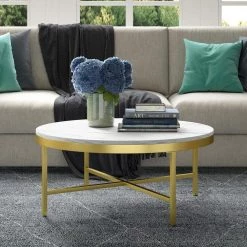 Coupon 🔔 Xivil 36 in. Brass Round Coffee Table with Faux Marble Top by Meyer&Cross 🔥 -Outlet Camden Isle Store brass meyer cross coffee tables ct0998 1f 1000