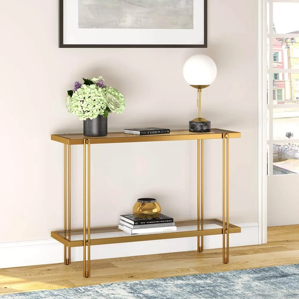Discount ❤️ Inez 42 in. Brass/Clear Standard Rectangle Glass Console Table with Storage by Meyer&Cross 🤩 6 Discount ❤️ Inez 42 in. Brass/Clear Standard Rectangle Glass Console Table with Storage by Meyer&Cross 🤩 - Image 4