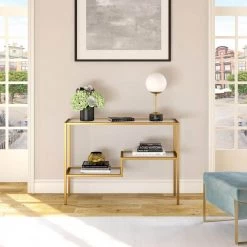 Budget ⭐ Lovett 42 in. Brass Standard Rectangle Glass Console Table with Shelves by Meyer&Cross 🎁 -Outlet Camden Isle Store brass meyer cross console tables at0358 1f 1000