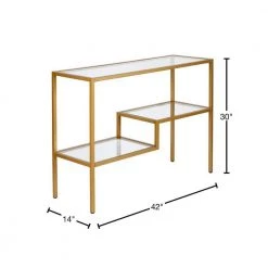 Budget ⭐ Lovett 42 in. Brass Standard Rectangle Glass Console Table with Shelves by Meyer&Cross 🎁 -Outlet Camden Isle Store brass meyer cross console tables at0358 40 1000