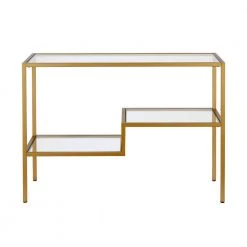 Budget ⭐ Lovett 42 in. Brass Standard Rectangle Glass Console Table with Shelves by Meyer&Cross 🎁 -Outlet Camden Isle Store brass meyer cross console tables at0358 4f 1000