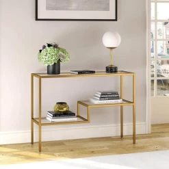 Budget ⭐ Lovett 42 in. Brass Standard Rectangle Glass Console Table with Shelves by Meyer&Cross 🎁 -Outlet Camden Isle Store brass meyer cross console tables at0358 c3 1000