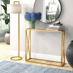 Flash Sale 🔔 Arlo 36 in. Brass/Clear Standard Rectangle Glass Console Table by Meyer&Cross 🛒 -Outlet Camden Isle Store brass meyer cross console tables at0431 1f 1000