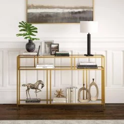 Brand new 😉 Cortland 48 in. Brass Rectangle Glass Console Table with Glass Shelves by Meyer&Cross 🤩 -Outlet Camden Isle Store brass meyer cross console tables at0911 31 1000