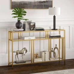 Brand new 😉 Cortland 48 in. Brass Rectangle Glass Console Table with Glass Shelves by Meyer&Cross 🤩 -Outlet Camden Isle Store brass meyer cross console tables at0911 4f 1000