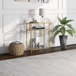 Budget 🎉 Cortland 22 in. Brass Rectangle Glass Console Table with Glass Shelves by Meyer&Cross ❤️ -Outlet Camden Isle Store brass meyer cross console tables at1177 31 1000